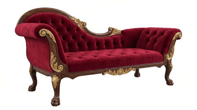 Red velvet chaise lounge on white background. Vintage luxury antique sofa with gold details and wooden frame. Classic Victorian style daybed photography for interior design catalog.