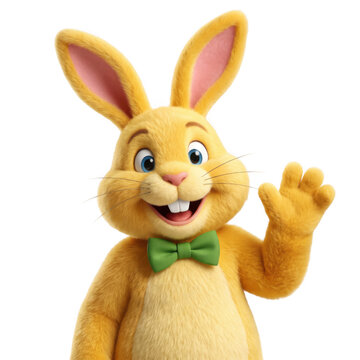 Cute yellow easter bunny character waving as isolated on with yellow as isolated on transparent background