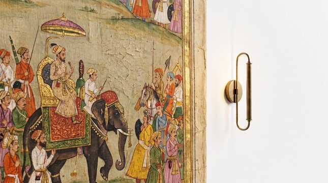 Mughal miniature painting on museum wall. Ancient Indian artwork depicting royal procession with elephant and horse. Elegant brass sconce light illuminates historical gallery interior design.