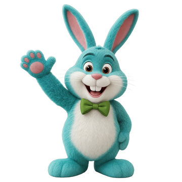 Cute blue easter bunny character waving as isolated on with blue as isolated on transparent background