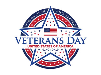 Fototapeta premium Veterans Day patriotic emblem, United States of America military tribute, honoring those who served star vector, American flag holiday badge