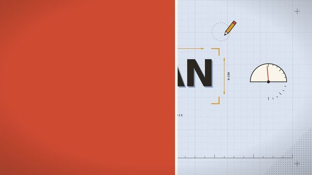 Kinetic typography animation with five scenes: dream night sky, drafting blueprint, construction crane, garden bloom and loop machine in flat poster style