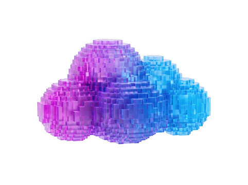 Abstract digital cloud made of glowing blue and purple cubes as isolated on transparent background