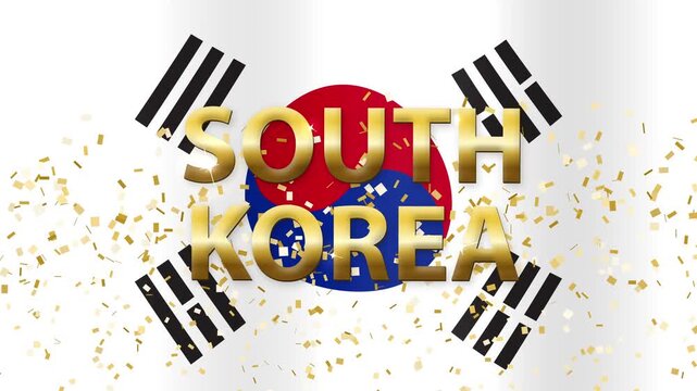 Waving South Korea Flag with Golden Text and Falling Confetti