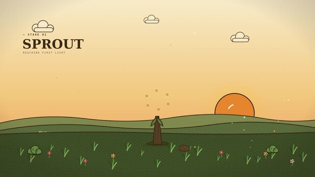 Seed to tree growth animation metaphor with golden hour sky, glowing particles and butterfly showing business and personal development