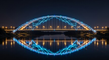 Fototapeta premium Illuminated modern arch bridge creating a perfect reflection on water at night,