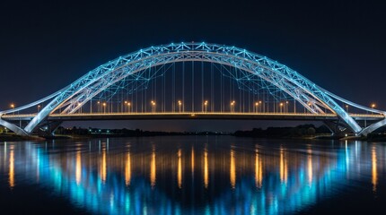 Fototapeta premium bridge reflecting on water at night, ideal for engineering websites, technology headers, travel guides, and urban banners.
