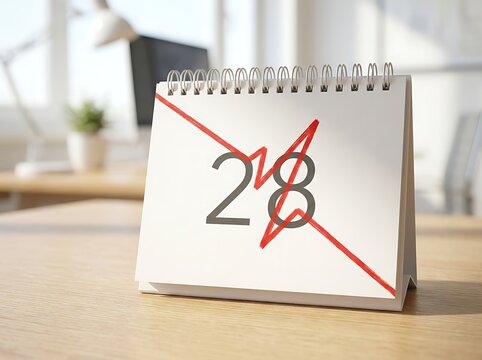 A white desk calendar displays the twenty eighth of the month with a bold red line marking a cancelled appointment or missed deadline