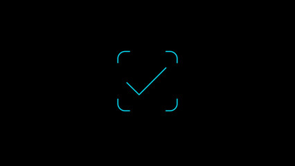 Cyan outline of a checkmark within a square frame on a black background representing confirmation, approval, and task completion Keywords: checkmark, tick, confirmation, approval, success, done © Stock motion CK
