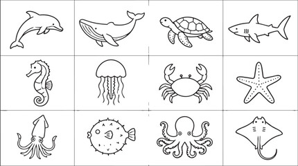 Obraz premium Set of twelve marine animal line art vector icons