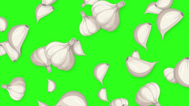 Animated Garlic Bulbs and Cloves Falling on Green Screen Background