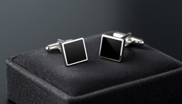 Elegant pair of silver cufflinks with black square inlays displayed inside a soft velvet box