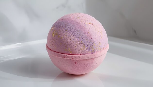 Pink bath bomb featuring sparkling gold glitter details rests on a smooth white ceramic surface tray