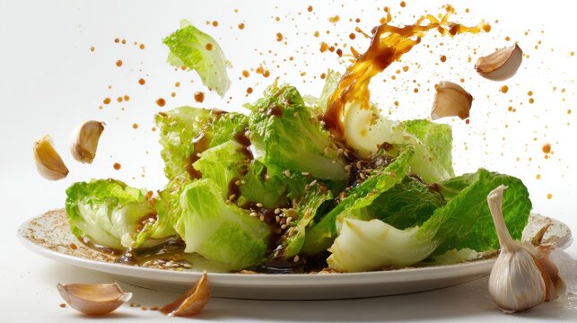 Crisp lettuce salad being drizzled with dressing, surrounded by garlic cloves and sesame seeds.