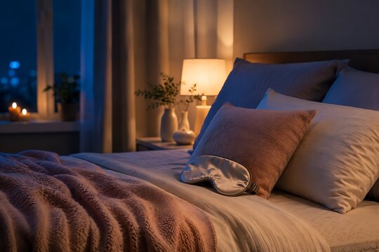 Cozy bedroom scene at night with soft lighting, a plush blanket, and a sleep mask on the pillows.