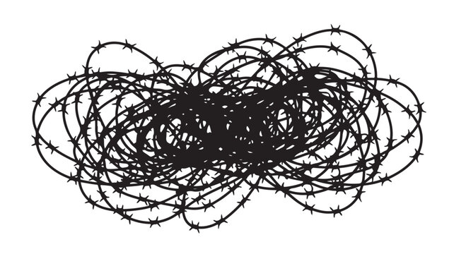 Tangled ball of black barbed wire silhouette isolated on a white background