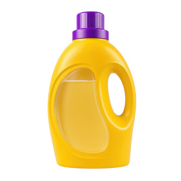 Yellow plastic laundry detergent bottle with purple cap as isolated on transparent background