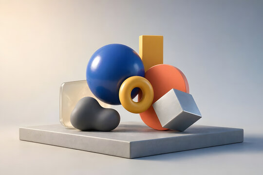Modern Minimalist 3D Render of Abstract Geometric Shapes and Colorful Forms on a Grey Platform