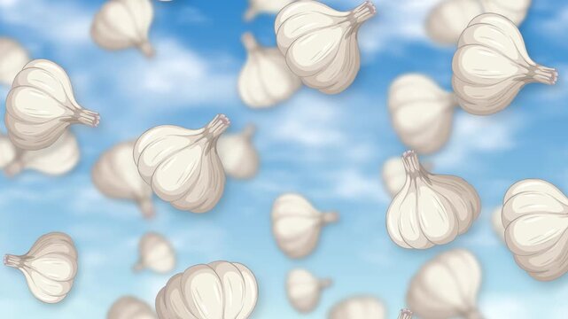 Animated Garlic Bulbs Falling Against a Bright Blue Cloudy Sky
