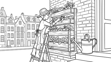 Fototapeta premium Person in straw hat and apron harvests fresh vegetables from a tiered vertical garden on a city street, line art illustration