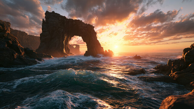 Majestic sea arch at sunset with crashing waves and vibrant sky