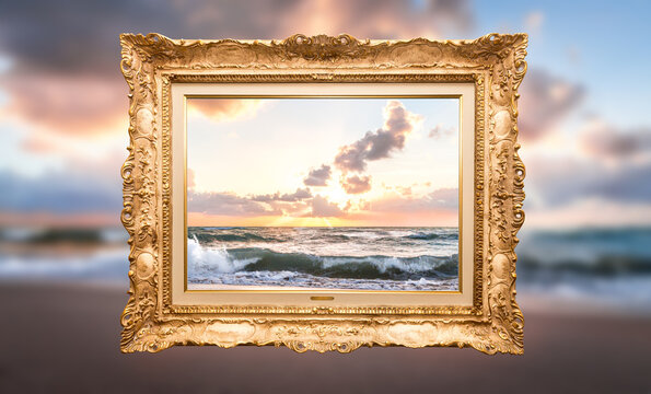Beautiful sunset and ocean on Miami Beach on a cloudy day in vintage golden frame