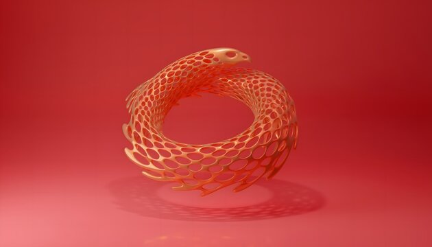 Abstract 3D golden parametric sculpture of stylized eagle head forming circular voronoi lattice ring on vibrant red studio background.