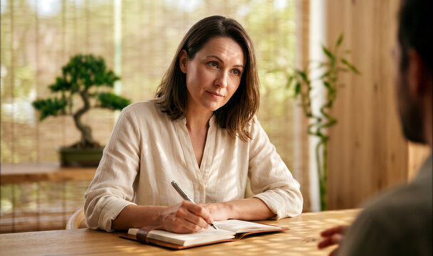 Professional woman writing notes and listening intently during meeting in modern office, business consulting or therapy.