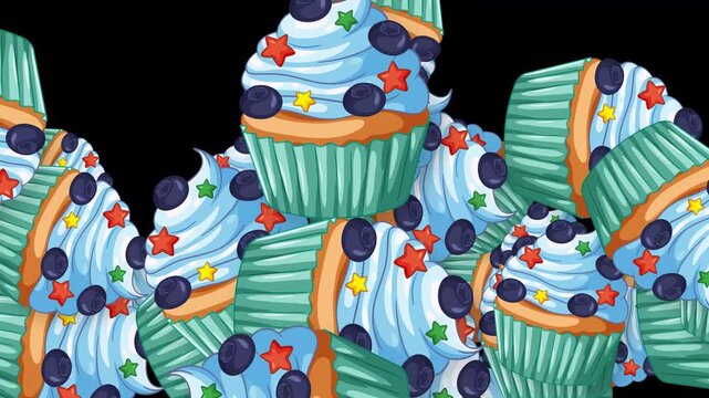Animated Burst of Colorful Cupcakes Falling Against a Black Background