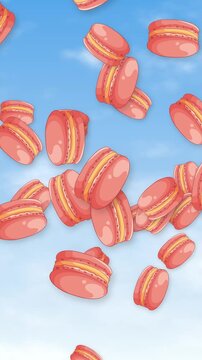 Vertical Animation of Pink Macarons Falling Against a Blue Sky