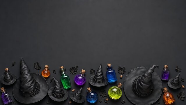 A collection of colorful magic potion bottles and black witch hats arranged on a dark grey background for halloween