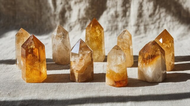 A captivating collection of raw citrine points radiating warm golden light, showcasing natural crystal formations.