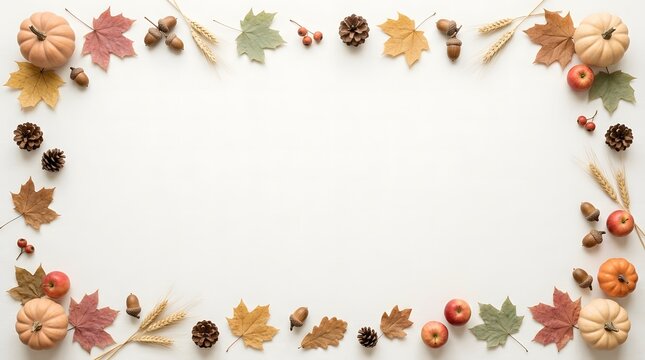 Autumn leaves and seasonal fruits create a decorative border around a blank white space