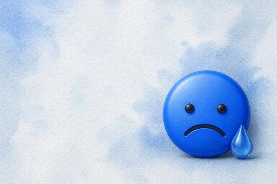 Blue sad crying face emoji with a tear drop on soft blue watercolor paper with large copy space