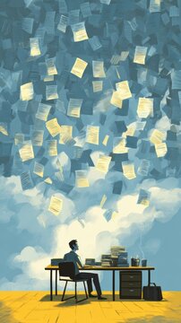 A person sits at a desk overwhelmed by a cloud of floating papers, symbolizing information overload.