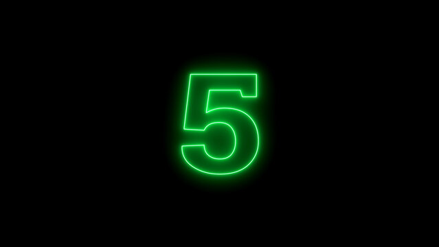 Bright green neon number five glowing intensely against a solid black background with a subtle light halo effect creating a futuristic and digital aesthetic for countdowns or numbering systems