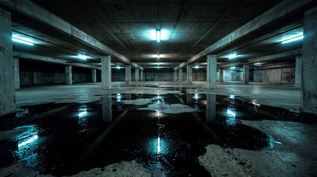 Atmospheric Underground Parking Garage with Puddles Reflecting Neon Lights, Dark and Moody Ambiance