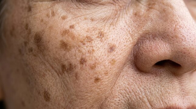Close-up of Human Skin with Age Spots, Sun Damage, and Hyperpigmentation on Cheek and Nose