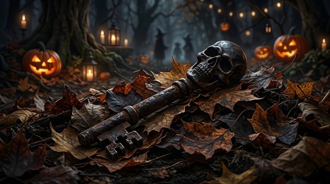 Spooky Halloween Background with Skull Key and Jack-o'-Lanterns