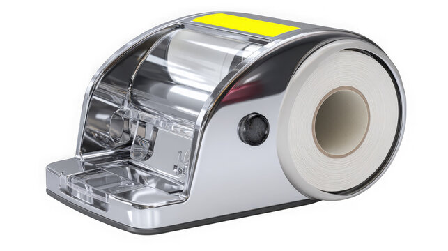 Thermal label printer mockup with chrome finish and roll dispenser stands isolated against a clean transparent background for office use.