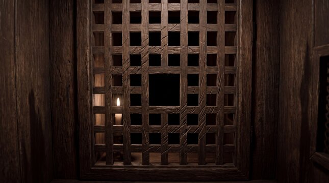 Close-up of a traditional wooden confessional booth with a candle lit, casting a warm glow through the grille.