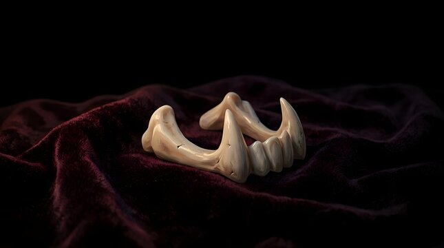 Realistic Monster Fangs on Dark Velvet Fabric