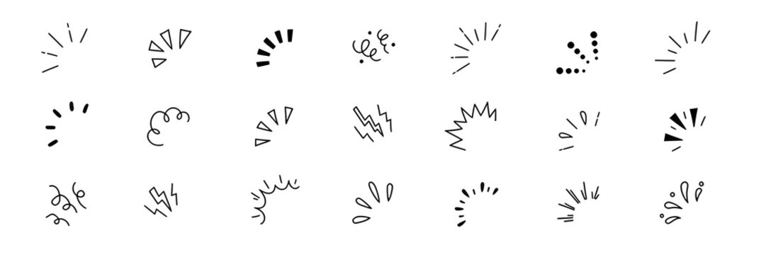 A collection of black and white hand drawn comic effect graphics for action scenes and dynamic motion design