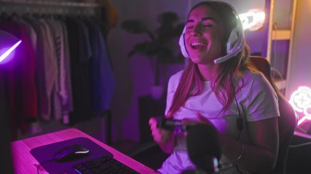 Woman holding game controller and wearing headset in gaming studio with neon signs and microphone, raises fist and smiles; joy.