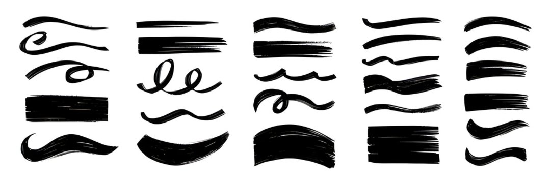 Set of black hand drawn brush strokes and ink lines for creative comic effect graphics design projects