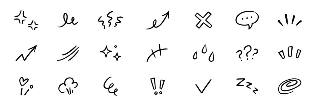 A collection of hand drawn doodle icons featuring expressive comic effect graphics for creative design projects