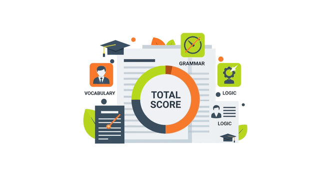 Educational infographic illustration of exam results and language proficiency scores for student assessment and academic analytics.