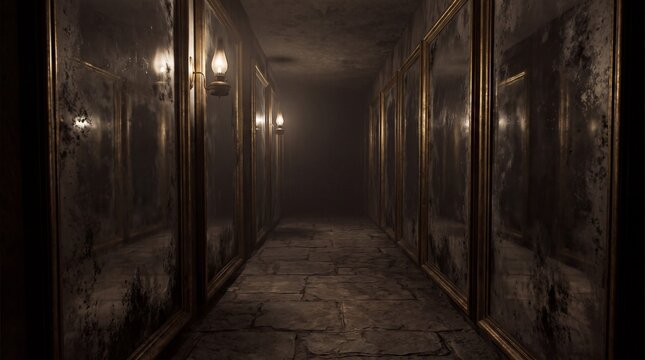 Eerie Hallway with Endless Mirrors, Antique Lamps, and Dark Void