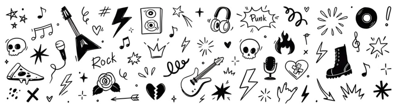 A collection of hand drawn rock and roll music doodles featuring a unique comic effect graphics style