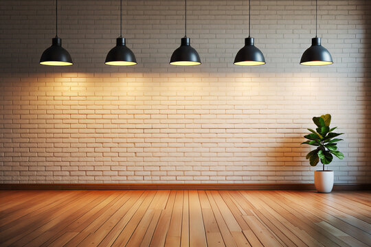 Modern interior background with white brick wall, wooden floor and hanging pendant lamps